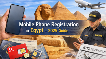 Mobile phone registration in Egypt showing smartphone, Egyptian pyramids, customs officer, airport and SIM cards for travelers
